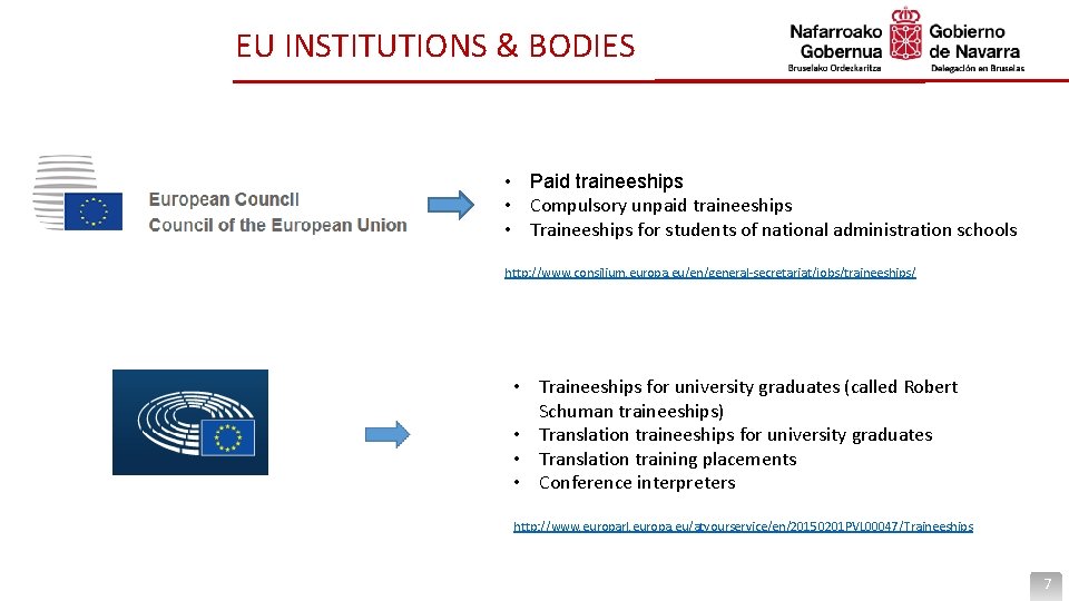 EU INSTITUTIONS & BODIES • Paid traineeships • Compulsory unpaid traineeships • Traineeships for