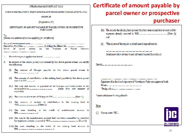 Certificate of amount payable by parcel owner or prospective purchaser 28 