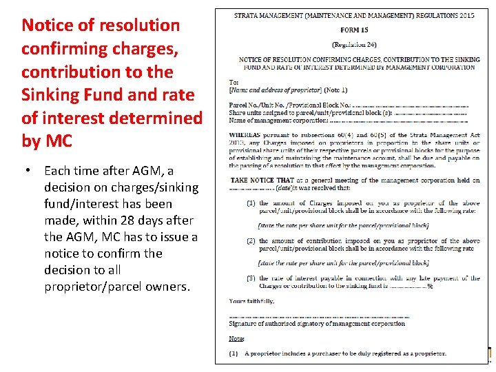 Notice of resolution confirming charges, contribution to the Sinking Fund and rate of interest