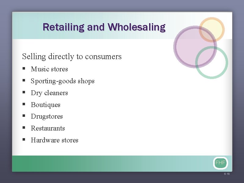 Retailing and Wholesaling Selling directly to consumers § § § § Music stores Sporting-goods