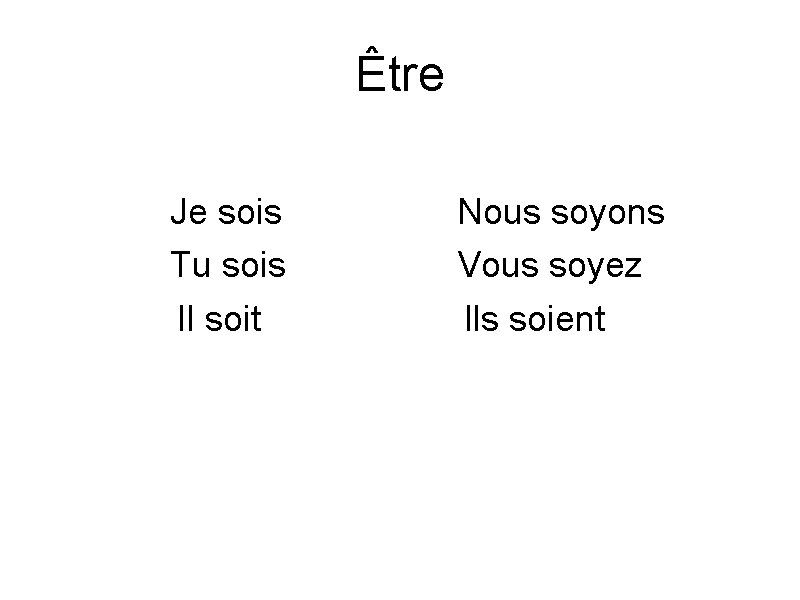 Être Je sois Tu sois Il soit Nous soyons Vous soyez Ils soient 