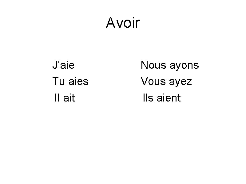 Avoir J'aie Tu aies Il ait Nous ayons Vous ayez Ils aient 