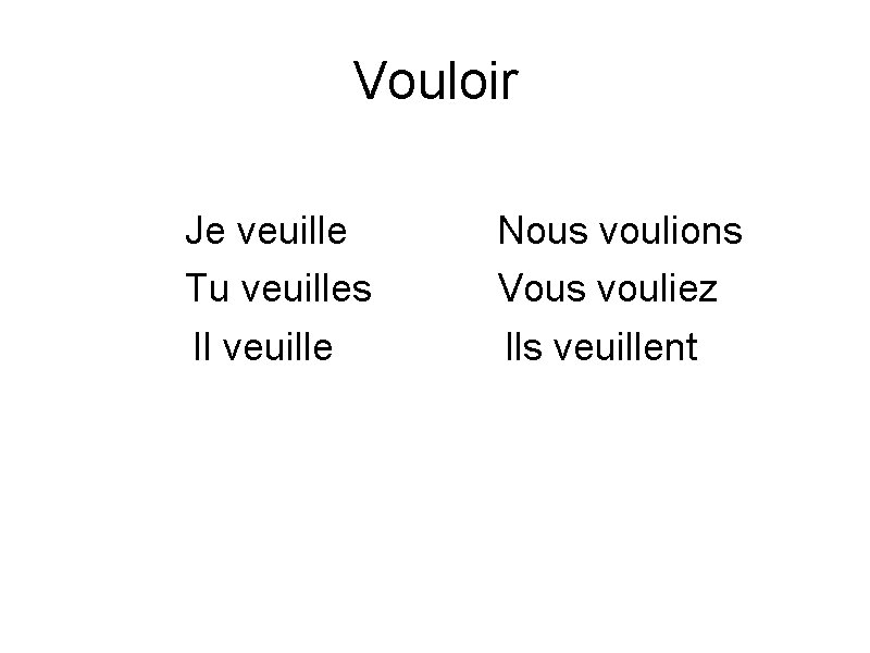 Vouloir Je veuille Tu veuilles Il veuille Nous voulions Vous vouliez Ils veuillent 