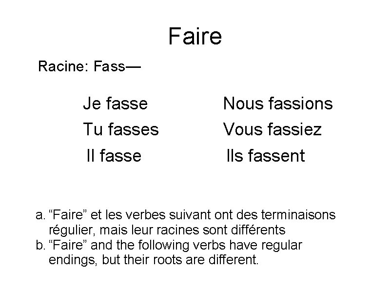 Faire Racine: Fass— Je fasse Tu fasses Il fasse Nous fassions Vous fassiez Ils