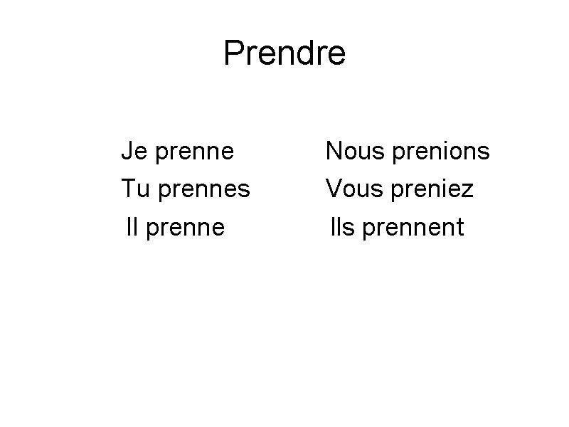Prendre Je prenne Tu prennes Il prenne Nous prenions Vous preniez Ils prennent 