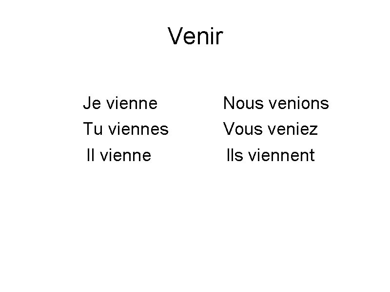 Venir Je vienne Tu viennes Il vienne Nous venions Vous veniez Ils viennent 