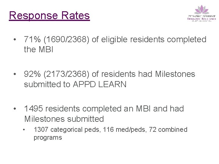 Response Rates • 71% (1690/2368) of eligible residents completed the MBI • 92% (2173/2368)