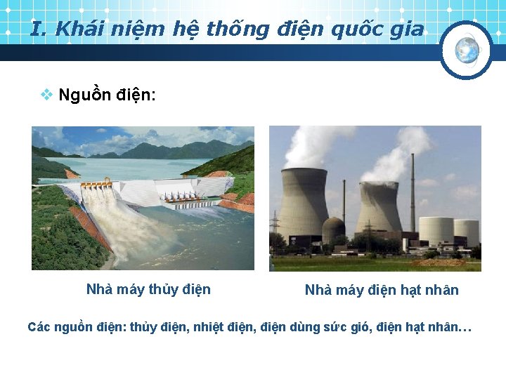 I. Khái niệm hệ thống điện quốc gia v Nguồn điện: Nhà máy thủy