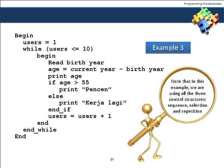 Programming Fundamentals Begin users = 1 Example 3 while (users <= 10) begin Read