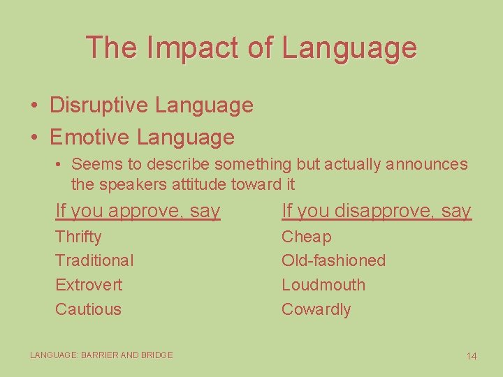 The Impact of Language • Disruptive Language • Emotive Language • Seems to describe