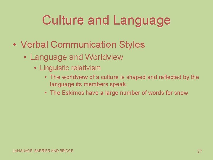 Culture and Language • Verbal Communication Styles • Language and Worldview • Linguistic relativism