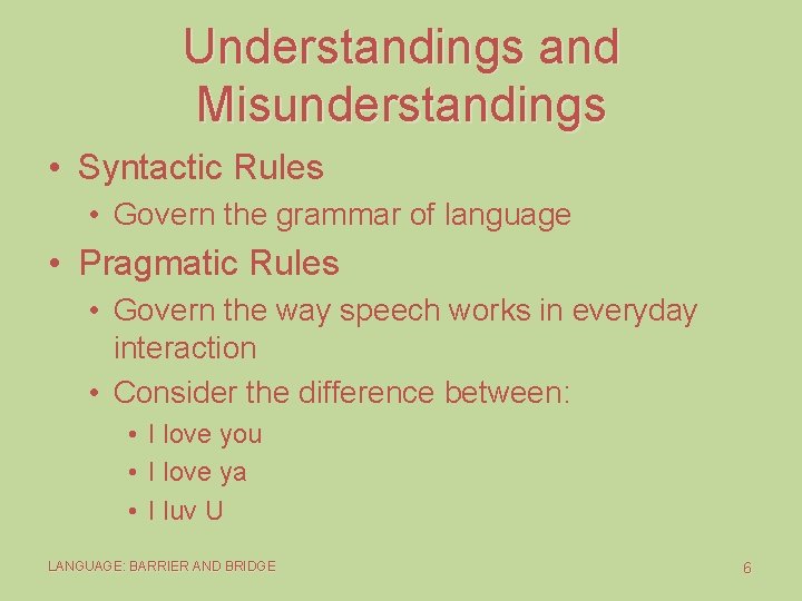 Understandings and Misunderstandings • Syntactic Rules • Govern the grammar of language • Pragmatic