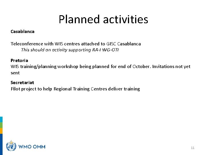 Planned activities Casablanca Teleconference with WIS centres attached to GISC Casablanca This should an