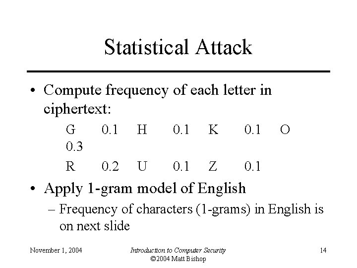 Statistical Attack • Compute frequency of each letter in ciphertext: G 0. 3 R