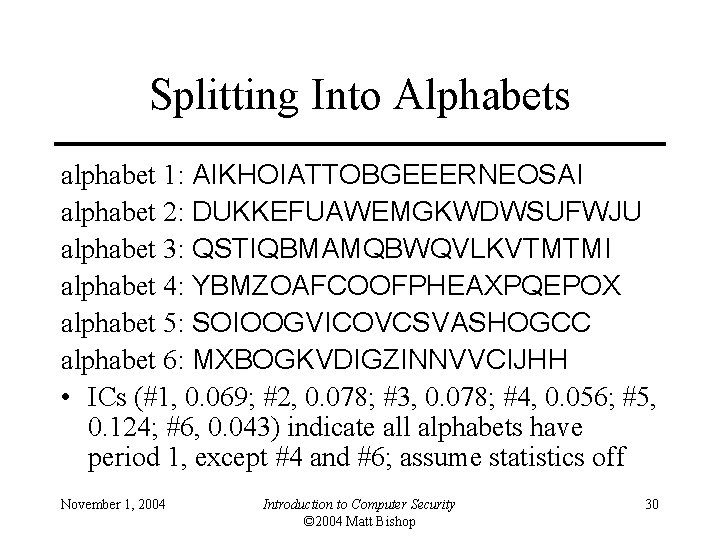 Splitting Into Alphabets alphabet 1: AIKHOIATTOBGEEERNEOSAI alphabet 2: DUKKEFUAWEMGKWDWSUFWJU alphabet 3: QSTIQBMAMQBWQVLKVTMTMI alphabet 4: