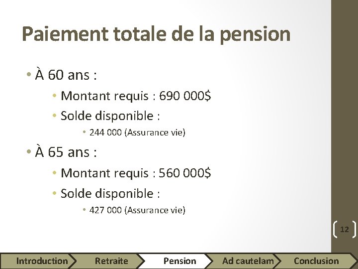 Paiement totale de la pension • À 60 ans : • Montant requis :