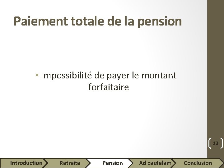 Paiement totale de la pension • Impossibilité de payer le montant forfaitaire 13 Introduction