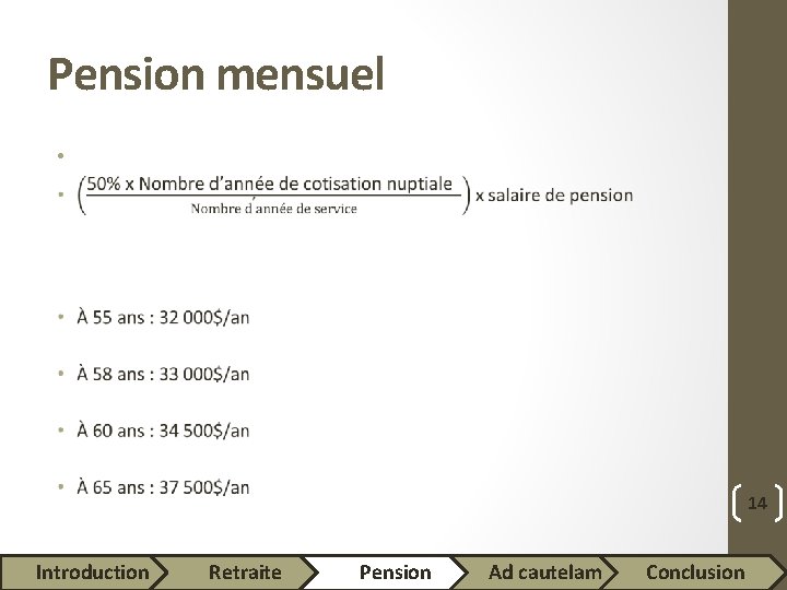 Pension mensuel • 14 Introduction Retraite Pension Ad cautelam Conclusion 