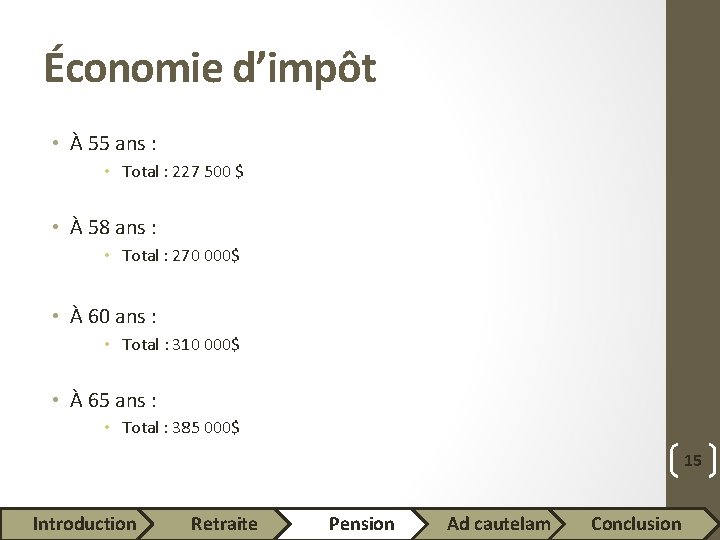 Économie d’impôt • À 55 ans : • Total : 227 500 $ •