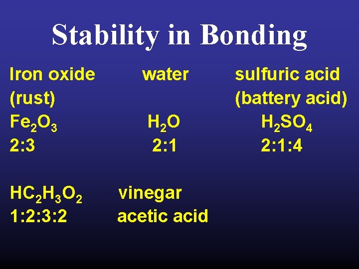 Stability in Bonding Iron oxide (rust) Fe 2 O 3 2: 3 HC 2