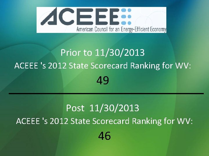 Prior to 11/30/2013 ACEEE 's 2012 State Scorecard Ranking for WV: 49 Post 11/30/2013