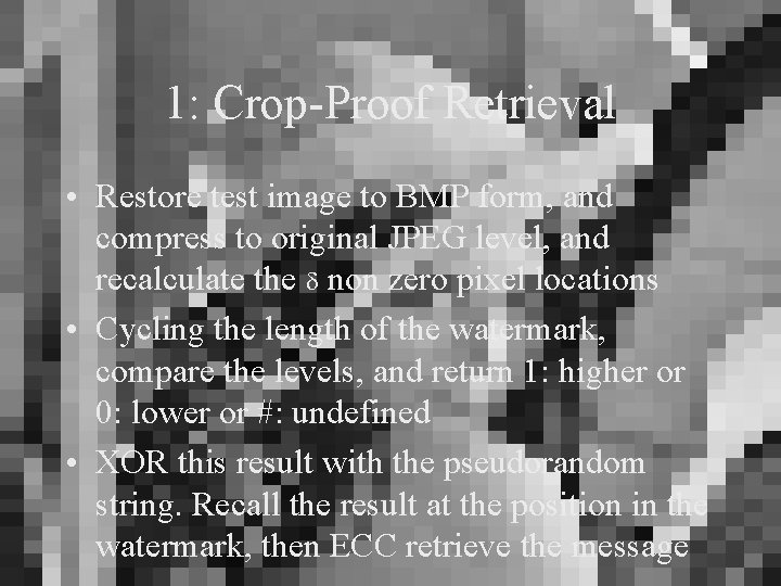 1: Crop-Proof Retrieval • Restore test image to BMP form, and compress to original