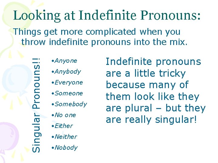 Looking at Indefinite Pronouns: Singular Pronouns!! Things get more complicated when you throw indefinite