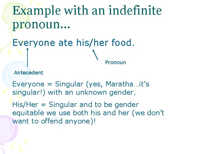 Example with an indefinite pronoun… Everyone ate his/her food. Pronoun Antecedent Everyone = Singular