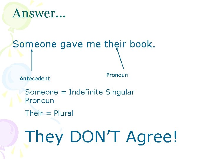 Answer… Someone gave me their book. Antecedent Pronoun Someone = Indefinite Singular Pronoun Their