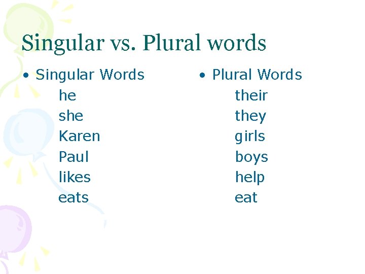 Singular vs. Plural words • Singular Words he she Karen Paul likes eats •