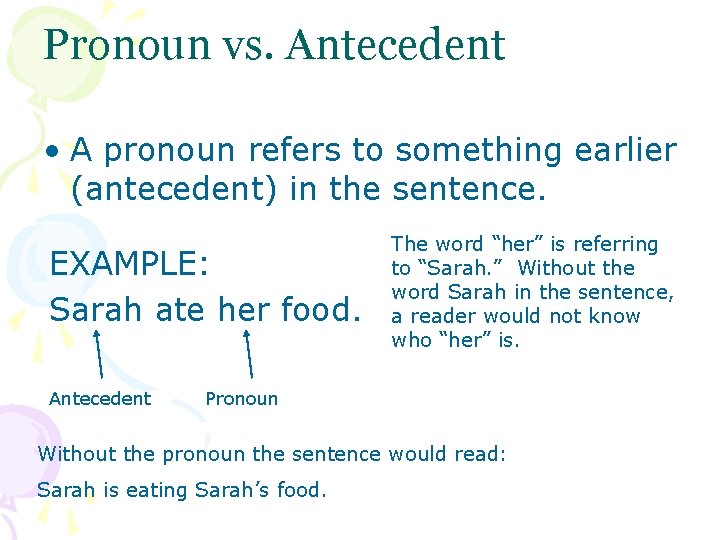 Pronoun vs. Antecedent • A pronoun refers to something earlier (antecedent) in the sentence.