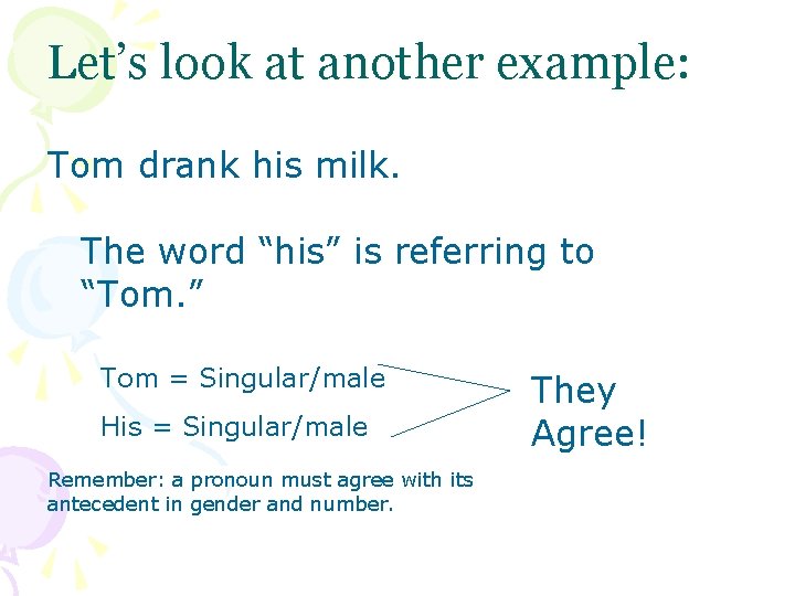 Let’s look at another example: Tom drank his milk. The word “his” is referring