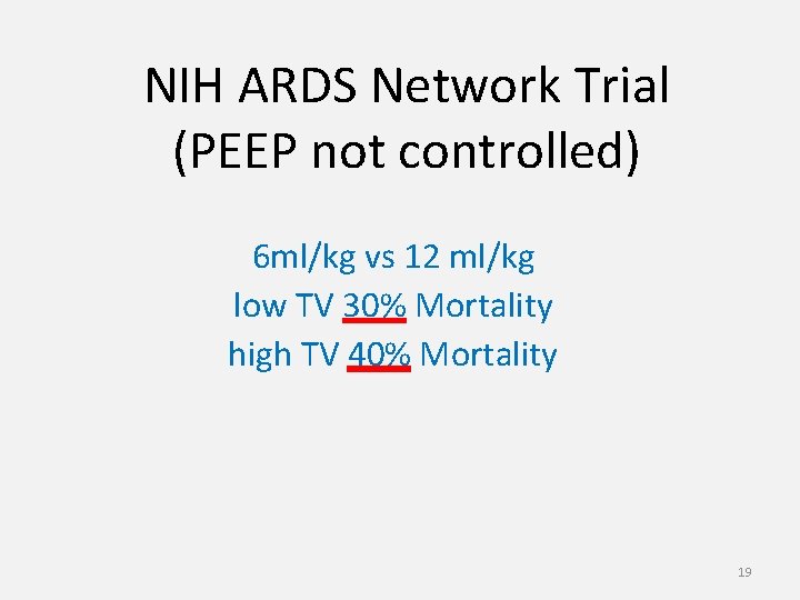 NIH ARDS Network Trial (PEEP not controlled) 6 ml/kg vs 12 ml/kg low TV