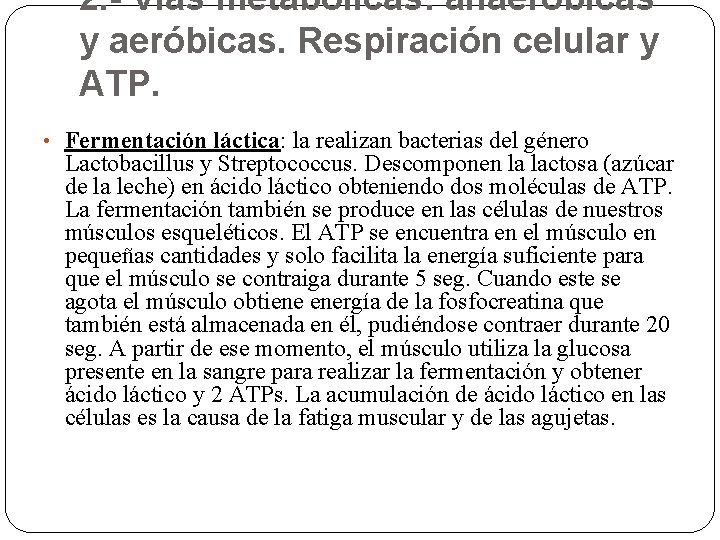 2. - Vías metabólicas: anaeróbicas y aeróbicas. Respiración celular y ATP. • Fermentación láctica: