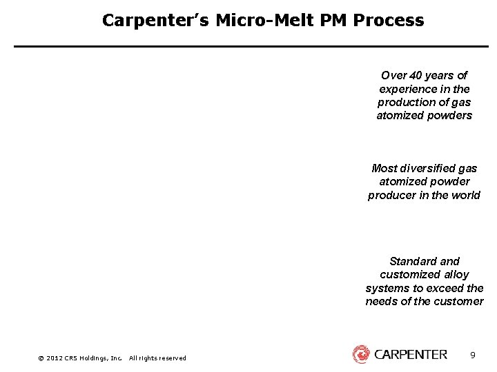 Carpenter’s Micro-Melt PM Process Over 40 years of experience in the production of gas