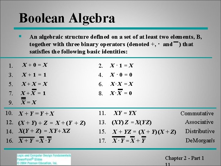 Boolean Algebra § 1. 3. 5. 7. 9. An algebraic structure defined on a Boolean Algebra § 1. 3. 5. 7. 9. An algebraic structure defined on a