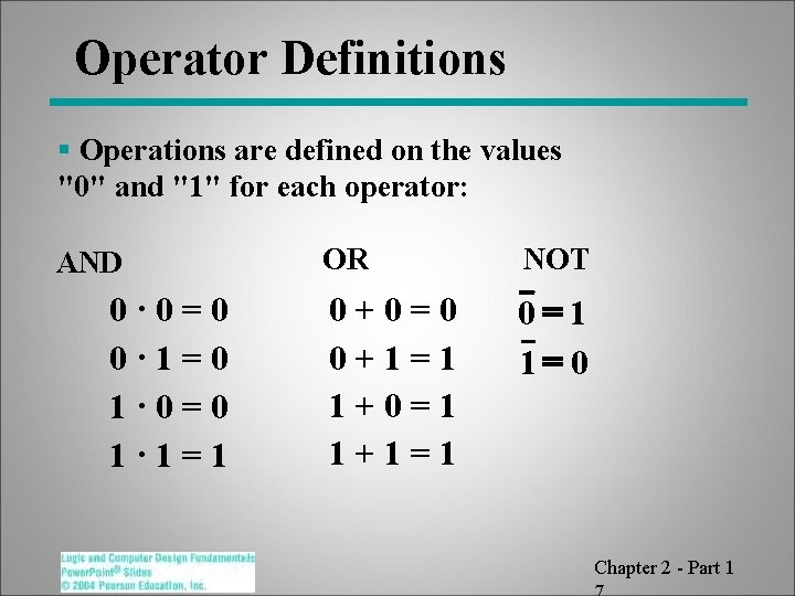 Operator Definitions § Operations are defined on the values "0" and "1" for each