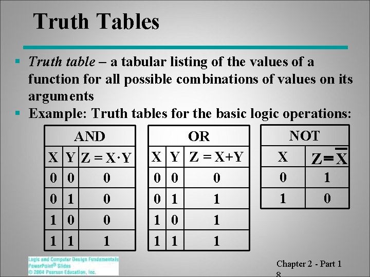 Truth Tables § Truth table - a tabular listing of the values of a Truth Tables § Truth table - a tabular listing of the values of a