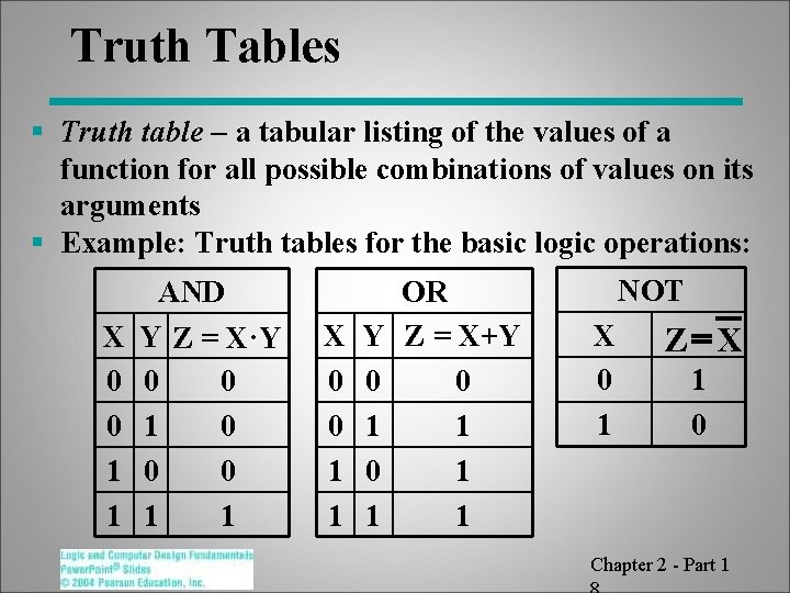 Truth Tables § Truth table - a tabular listing of the values of a