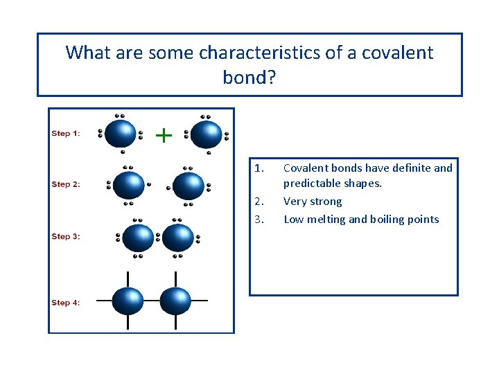 What are some characteristics of a covalent bond? 1. 2. 3. Covalent bonds have