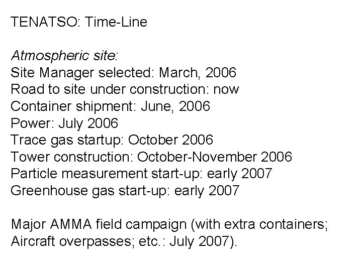 TENATSO: Time-Line Atmospheric site: Site Manager selected: March, 2006 Road to site under construction: