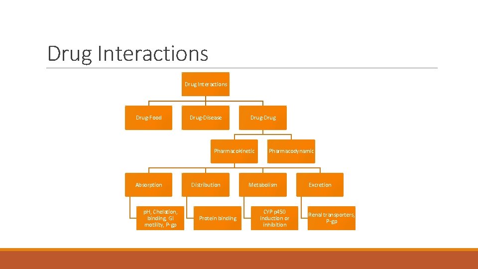 Drug Interactions Drug-Food Drug-Disease Drug-Drug Pharmacokinetic Absorption p. H, Chelation, binding, GI motility, P-gp