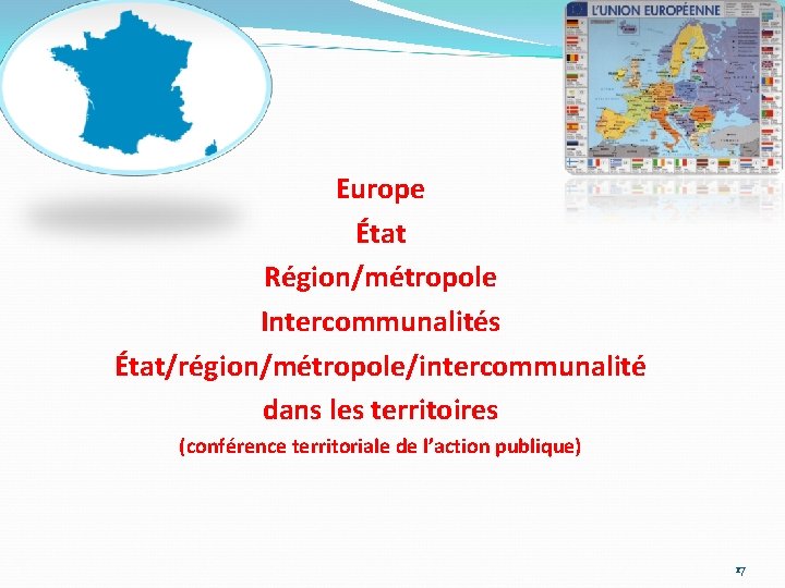 Europe État Région/métropole Intercommunalités État/région/métropole/intercommunalité dans les territoires (conférence territoriale de l’action publique) 17