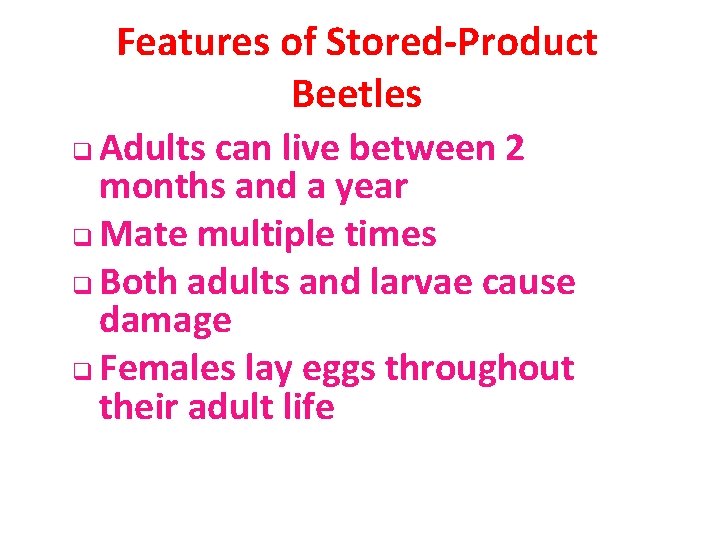 Features of Stored-Product Beetles Adults can live between 2 months and a year q