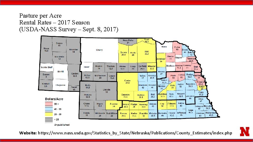 Pasture per Acre Rental Rates – 2017 Season (USDA-NASS Survey – Sept. 8, 2017)