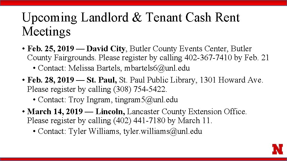 Upcoming Landlord & Tenant Cash Rent Meetings • Feb. 25, 2019 — David City,