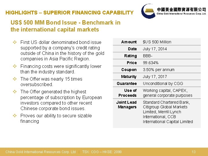 HIGHLIGHTS – SUPERIOR FINANCING CAPABILITY US$ 500 MM Bond Issue - Benchmark in the