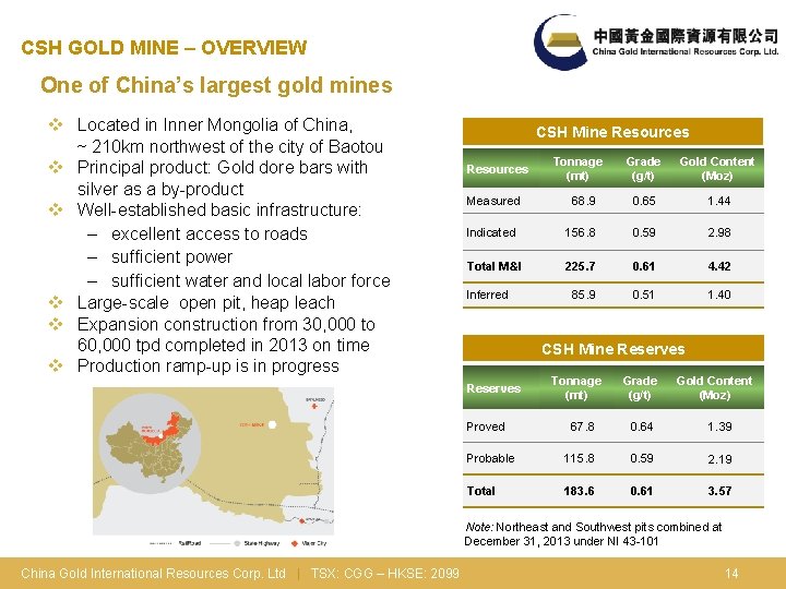 CSH GOLD MINE – OVERVIEW One of China’s largest gold mines v Located in