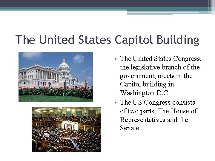 The United States Capitol Building • The United States Congress, the legislative branch of