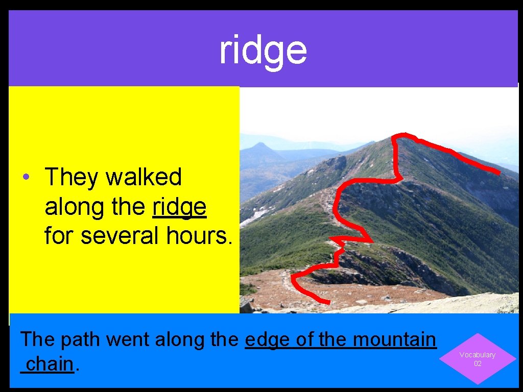 ridge • They walked along the ridge for several hours. The path went along